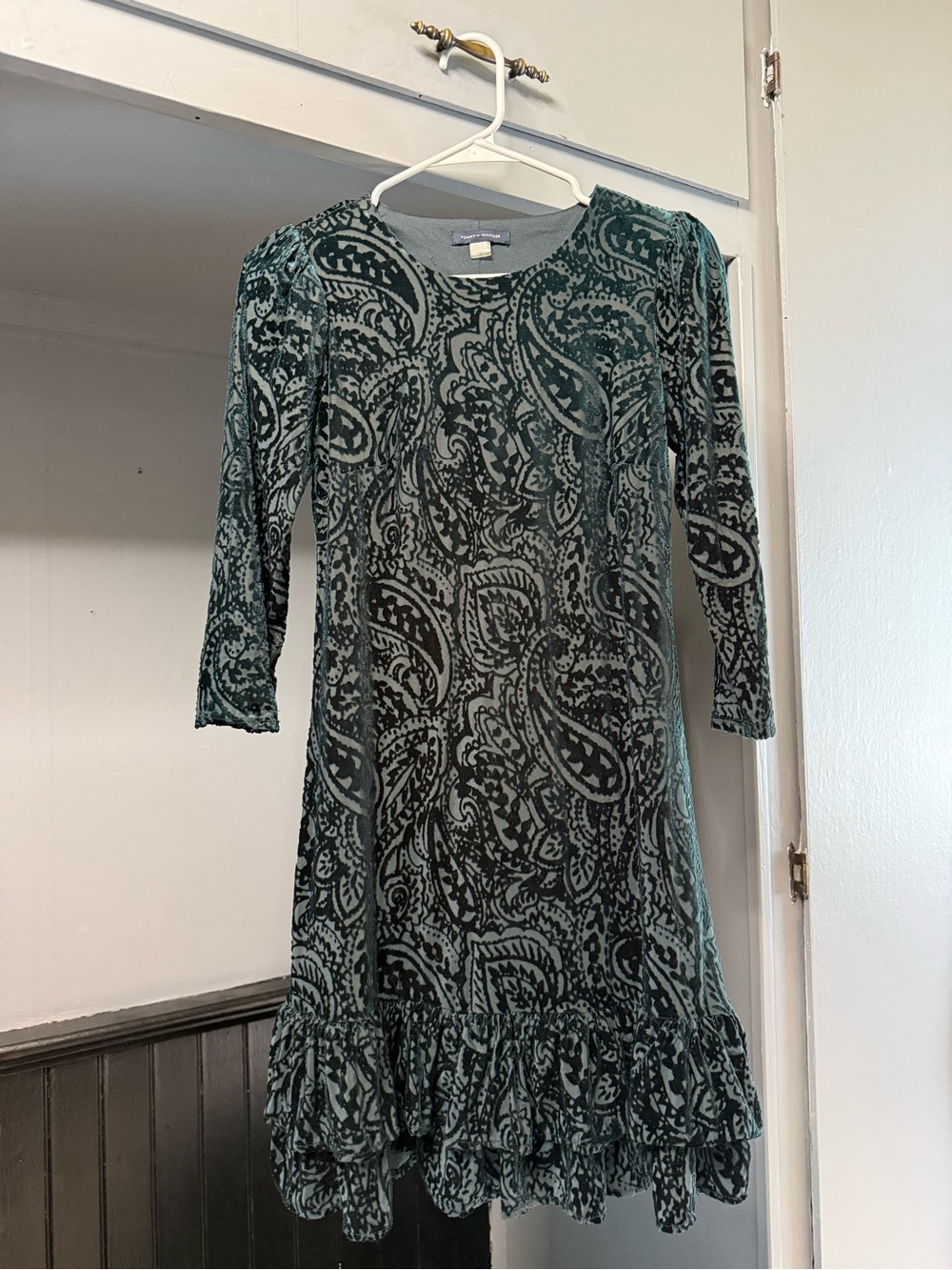 Tommy Hilfiger Teal Paisley Velvet-Effect Long Sleeve Dress